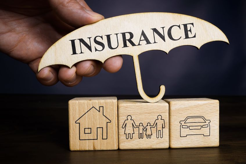 Hand holds umbrella with word insurance and cubes with home, family and car.